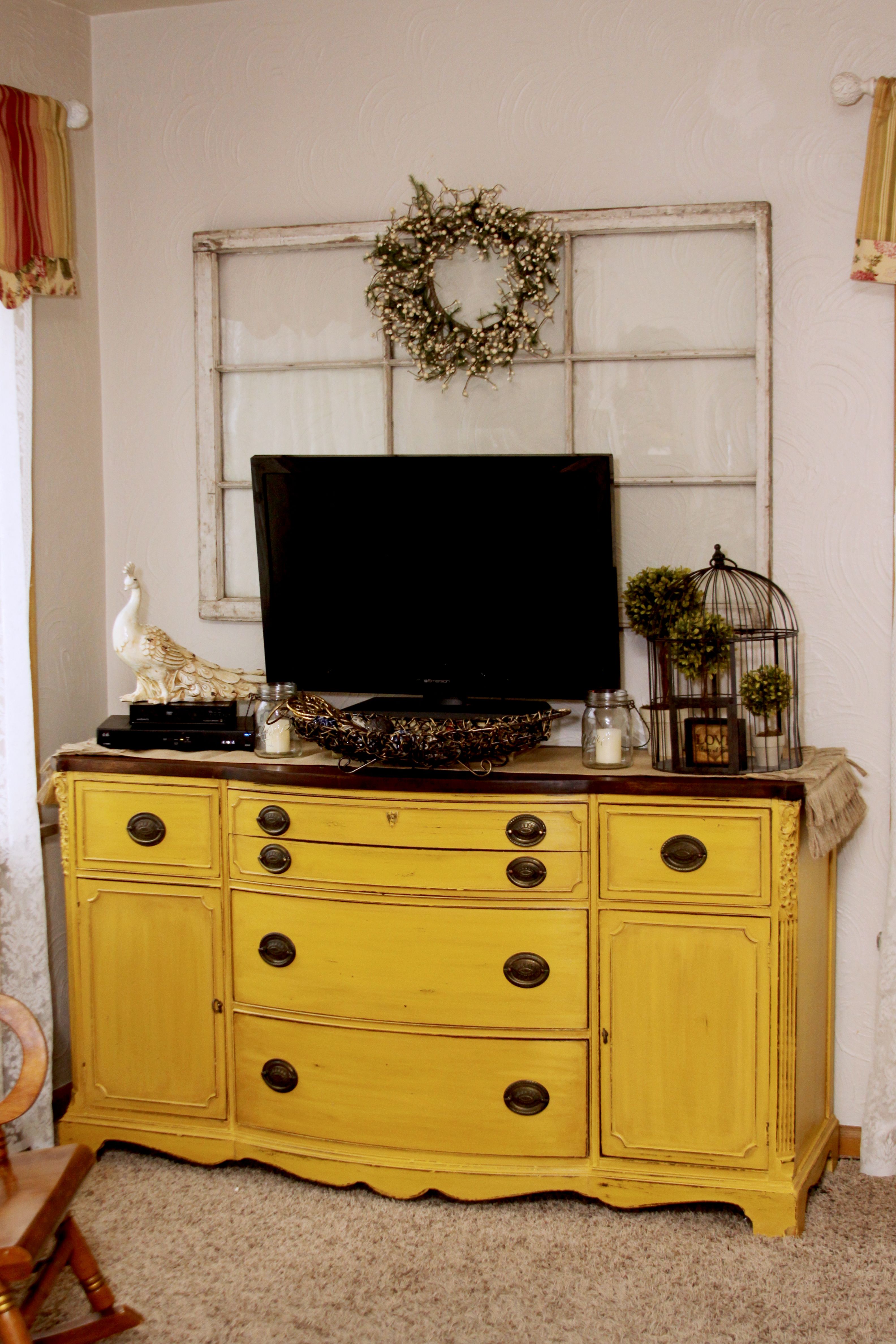French Country Yellow Painted Furniture Up Cycled Buffet Used As French Country Yellow Painted Furniture Up Cycled Buffet Used As Tv Cabinet I Love The Storage That It Supplies For Dvd S Books