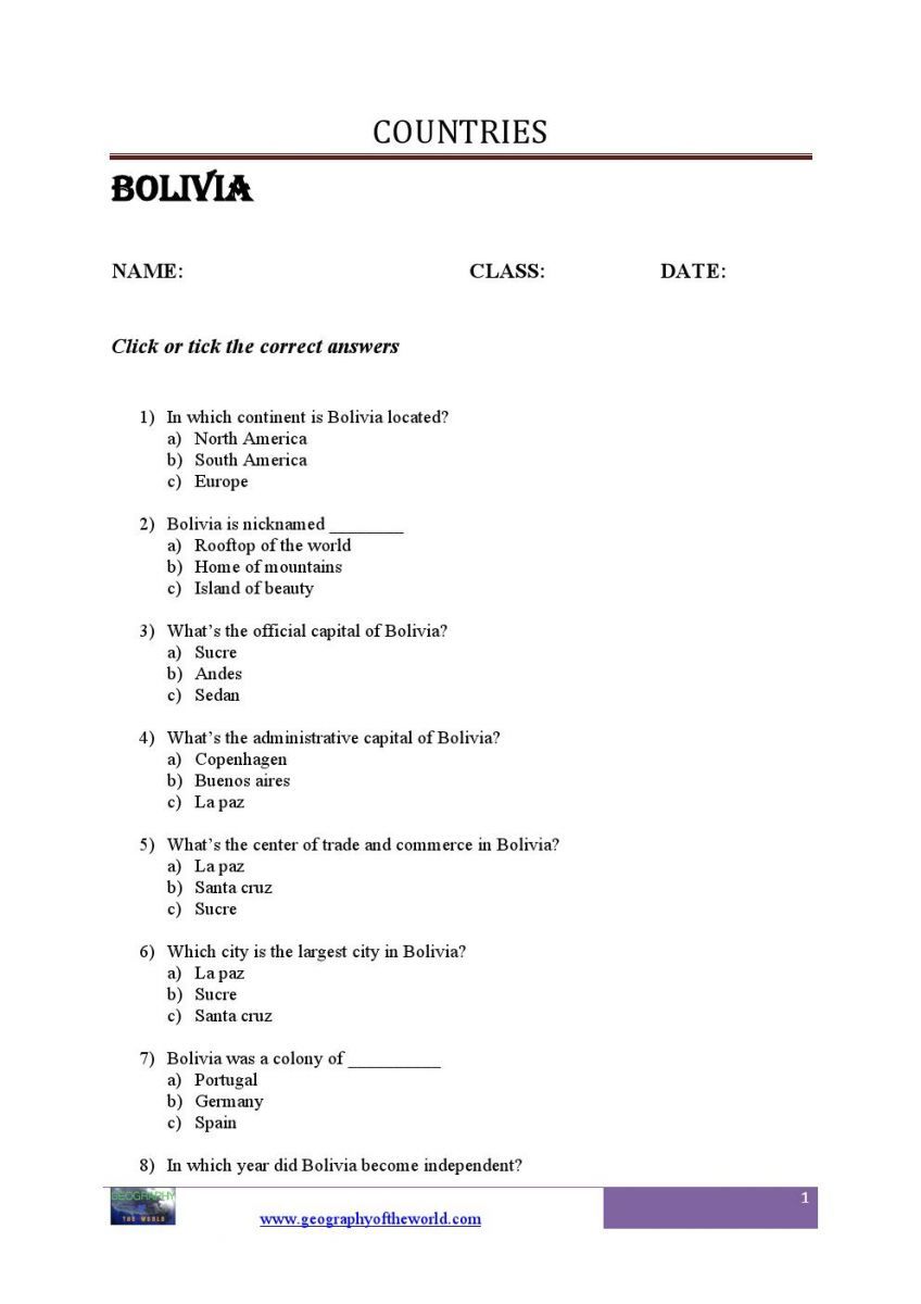 Worksheets Printable Geography Worksheets bolivia country information list of countries the world in printable worksheets pdf