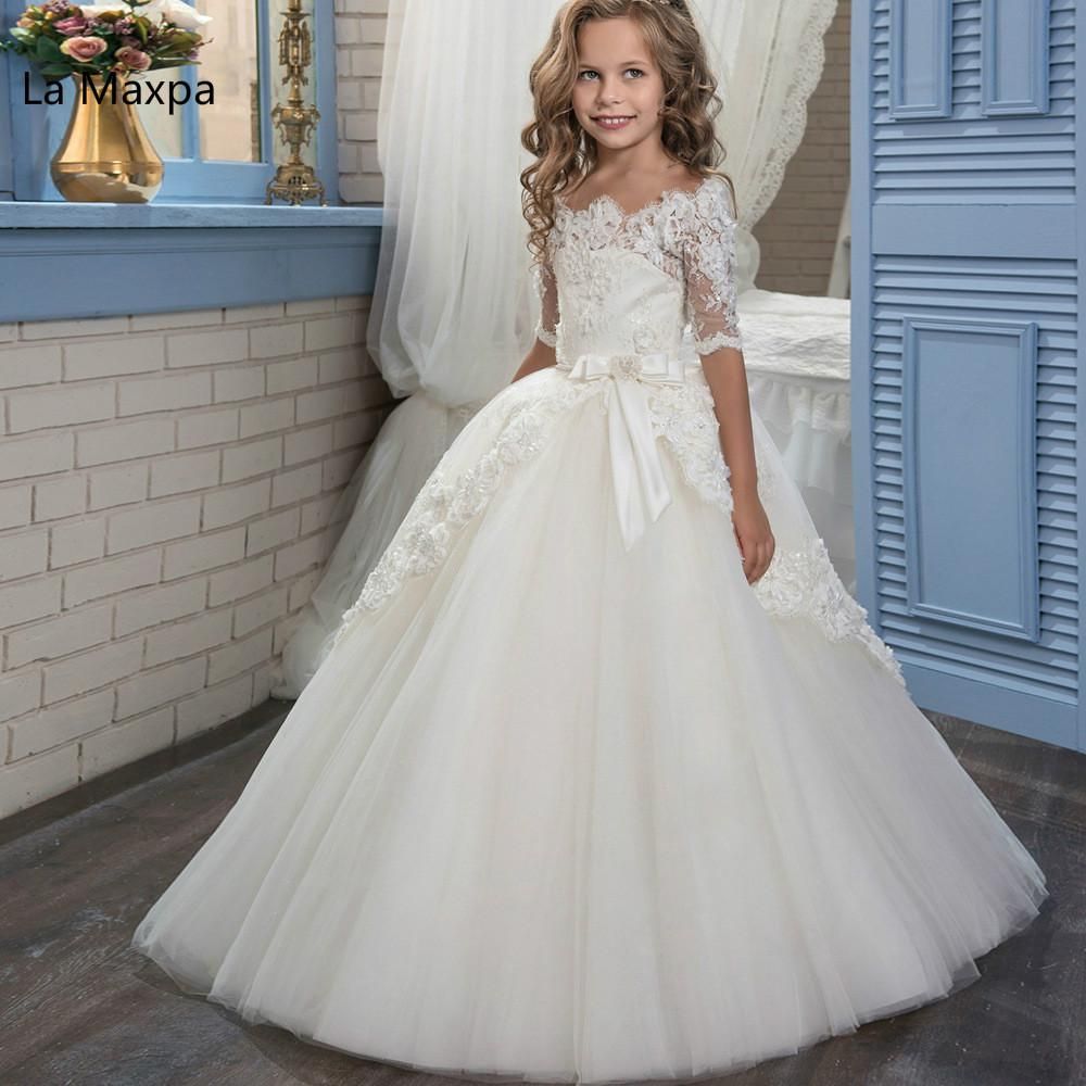 New White Flowers Lace Retro Girls Tutu Long Beautiful Dress Long