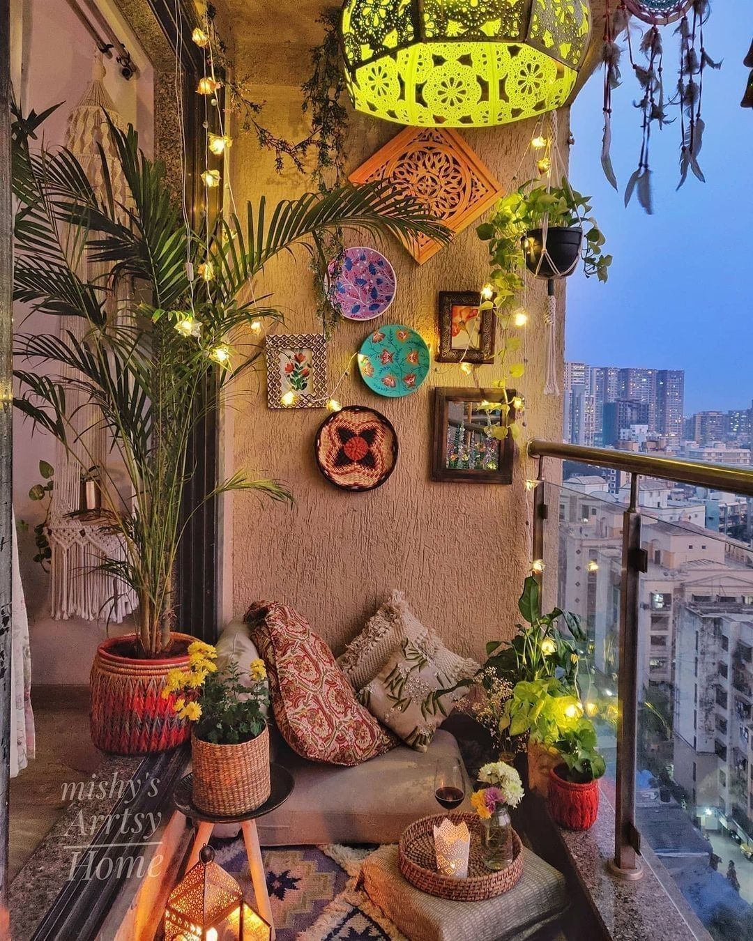 Bohemian interior Decor’s Instagram profile post: “Via @my_boho_interior⠀ This is the dream balcony! The colors, the lights, and the view: AMAZING! 😍😍😍⠀ ---⠀ ⠀ Follow us for more…” House Interior Decor, Boho Interior, Home Interior Design, Interior Decorating, Decorating Ideas, Summer Decorating, Modern Interior, Porch Decorating, India Home Decor