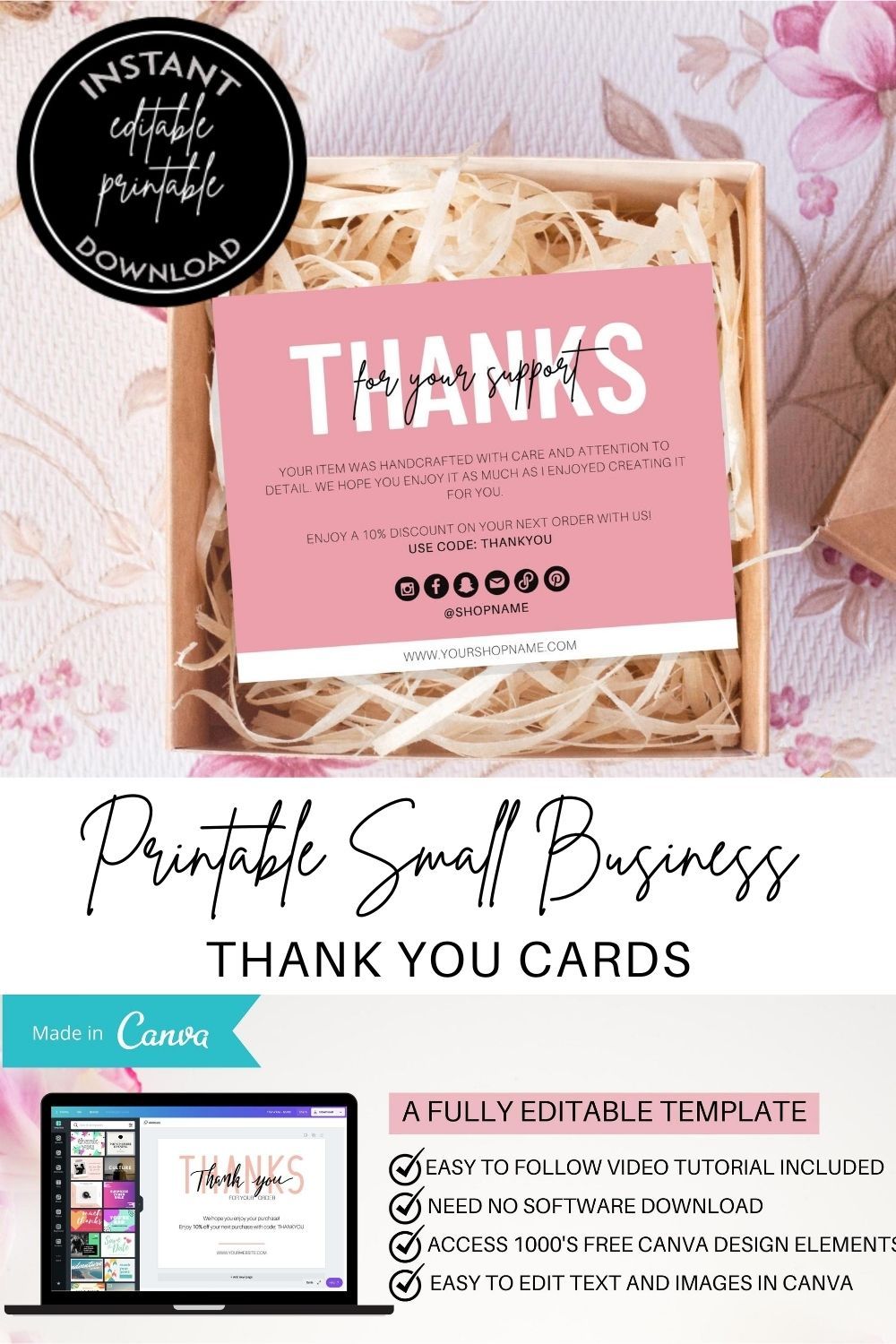 Editable Business Thank You card TEMPLATE, Pink Poshmark Simple Ty for