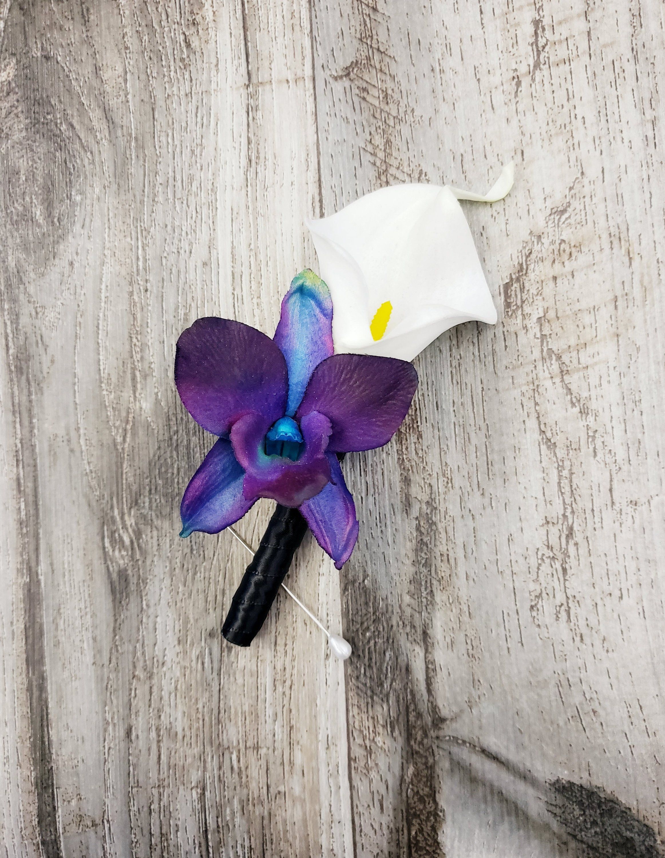 BOXED Real Touch White Calla Lily Bright Blue Dark Purple Galaxy Last Minute Corsage And Boutonniere Near Me