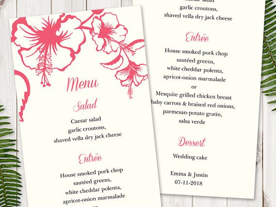 2018 年の wedding menu template hawaii tropical pink coral