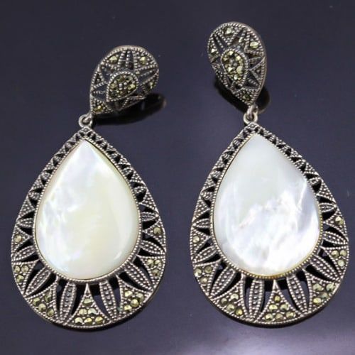 LARGE, LONG, GLAMOROUS MOTHER-OF-PEARL, MARCASITE SOLID STERLING SILVER DROP and DANGLE EARRINGS Handmade Jewelry, Unique Jewelry, Silver Frame, Marcasite, Lustrous, Mother Of Pearl, Gemstone Jewelry, Natural Gemstones, Dangle Drop Earrings