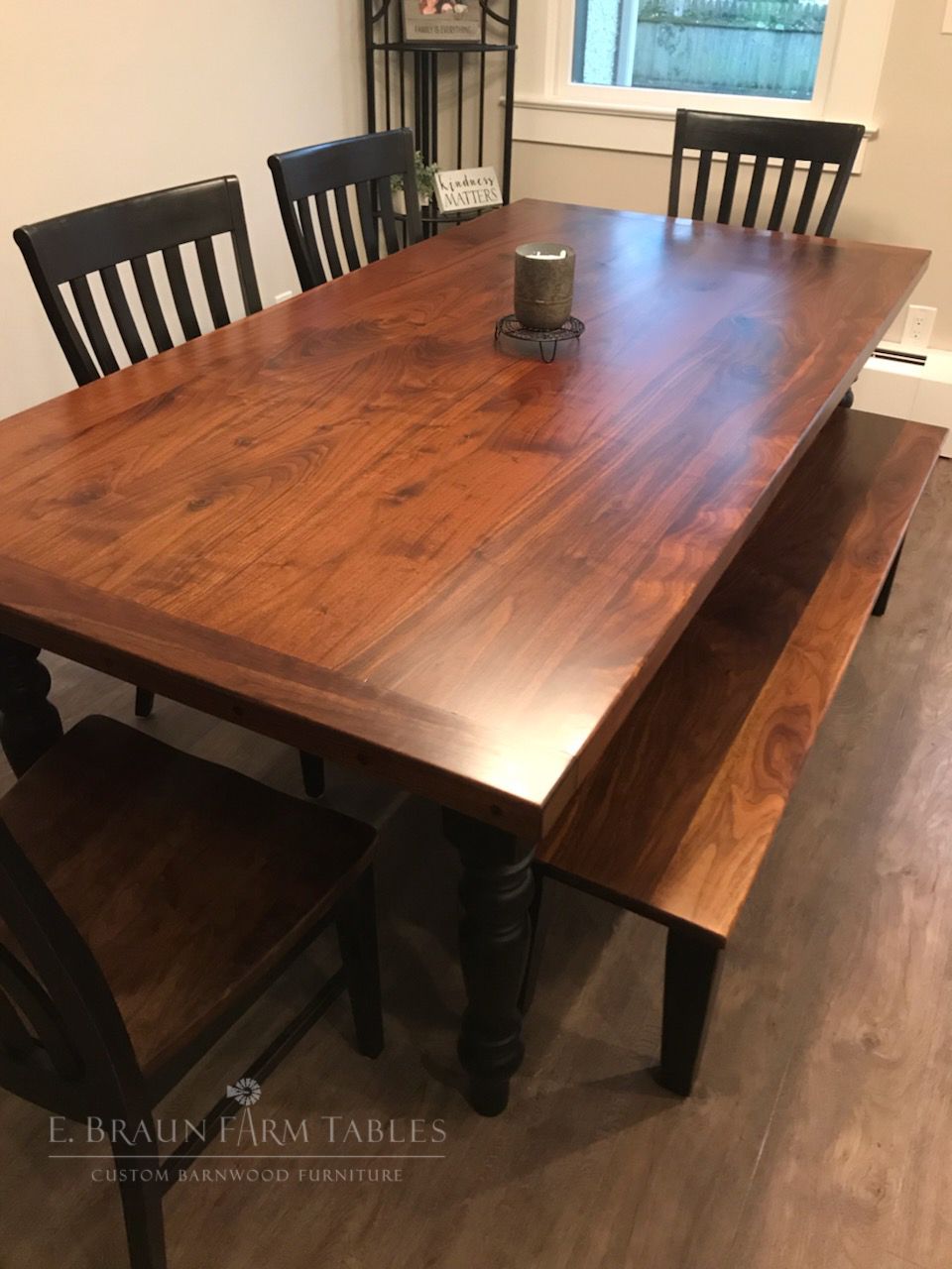 custom farmhouse table gorgeous black walnut top and bench seat painted pine base wood dining room kitchen tables mid century leather chair 5 piece set custom farmhouse table gorgeous black walnut top and bench seat painted pine base wood dining room kitchen tables mid century leather chair 5 piece set