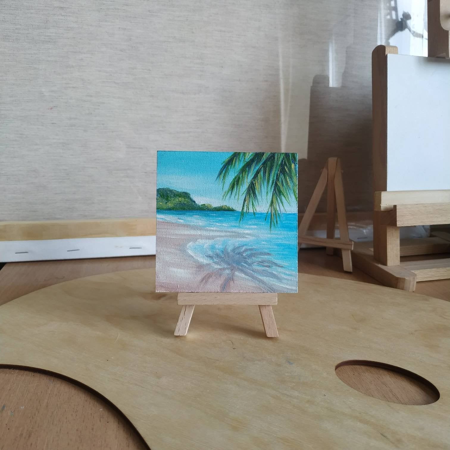 Tiny Ocean Front Oil Painting with Black Easel
