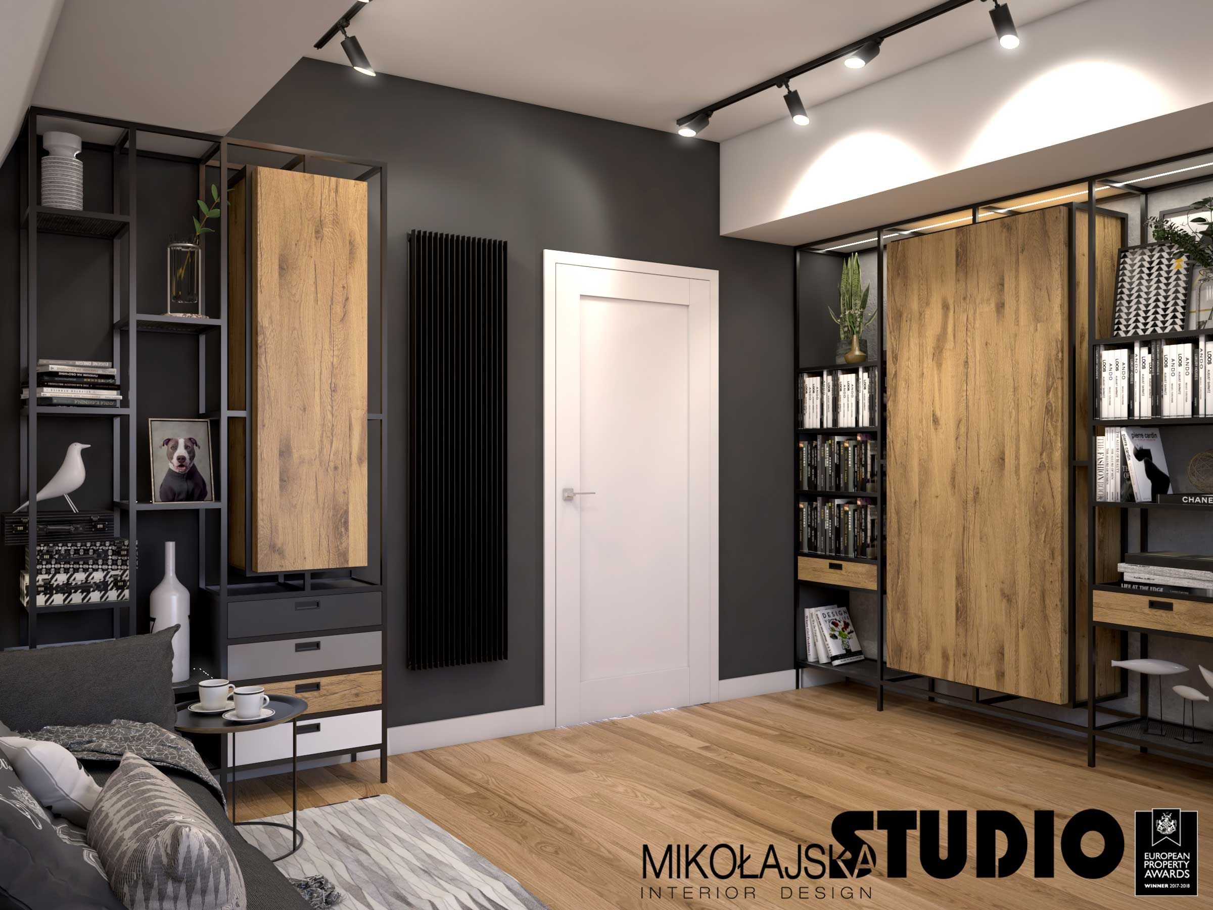 black wall, white door, black radiator, steel element …