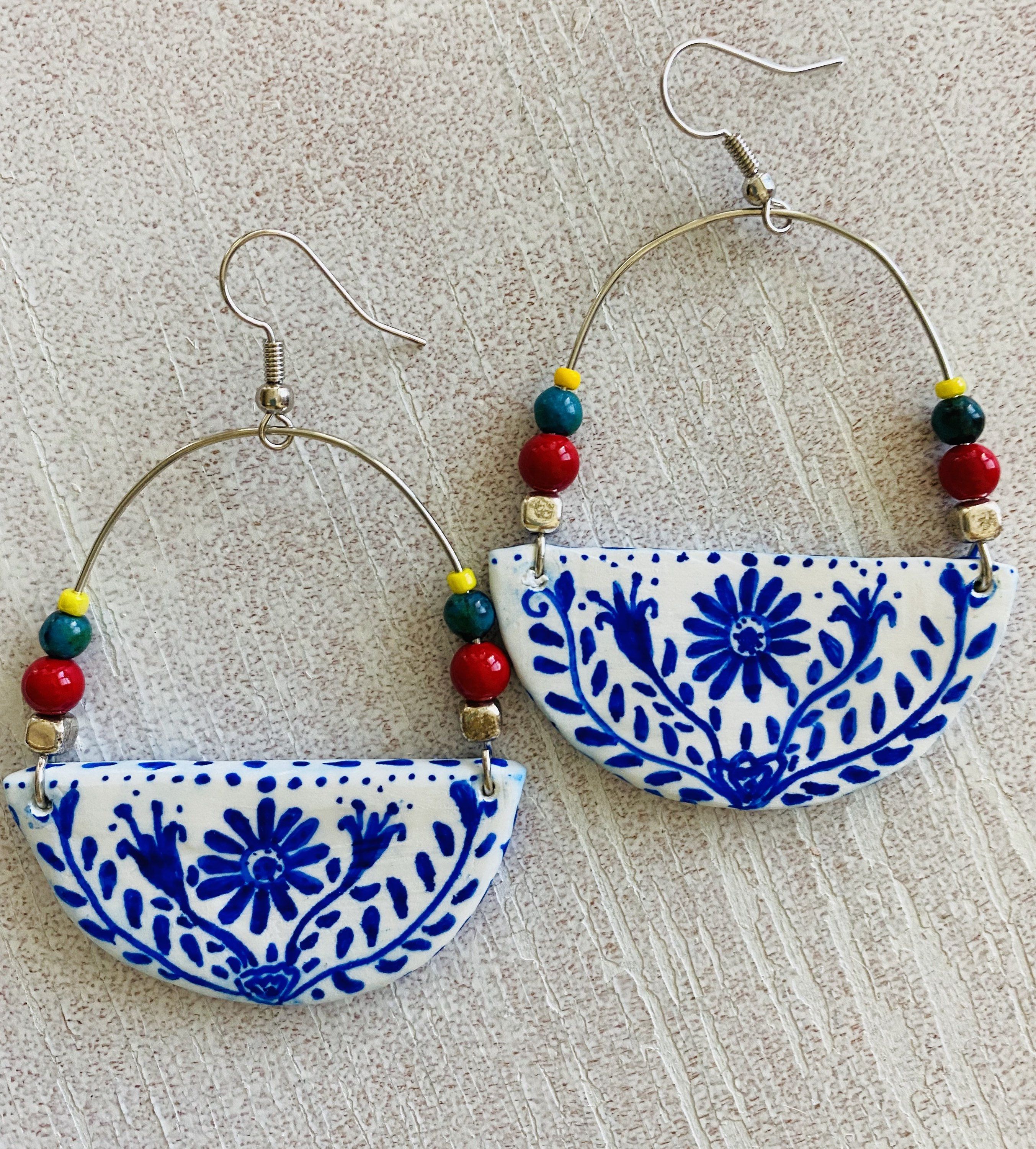 Large Lightweight Earrings White Coral Earrings Big Dangle Round Earrings Polymer Handmade Jewelry | Boho Ethnic Jewelry