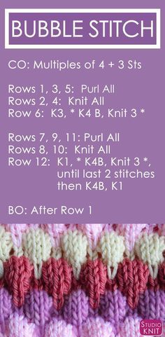 How to Knit the Bubble Stitch Pattern with free knitting pattern and video tutorial by Studio Knit Baby Knitting Patterns, Knitting Stiches, Knitting Videos, Free Knitting Pattern, Knitting Techniques, Easy Knitting, Knitting Projects, Crochet Stitches, Crochet Patterns