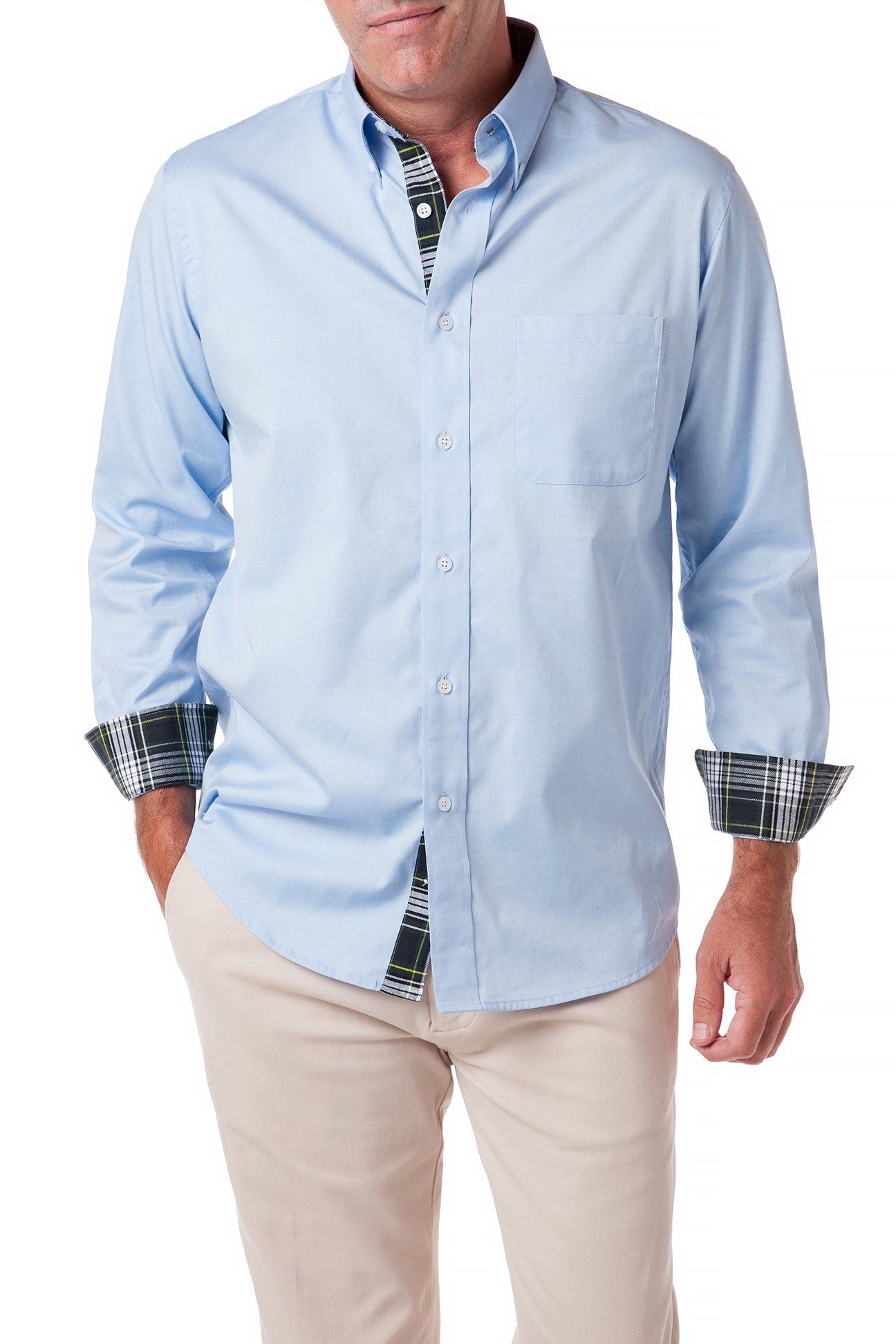 Castaway Clothing Chase Shirt in Blue Oxford with Royal Stewart Tartan Trim Castaway Clothing Chase Shirt in Blue Oxford with Royal Stewart Tartan Trim