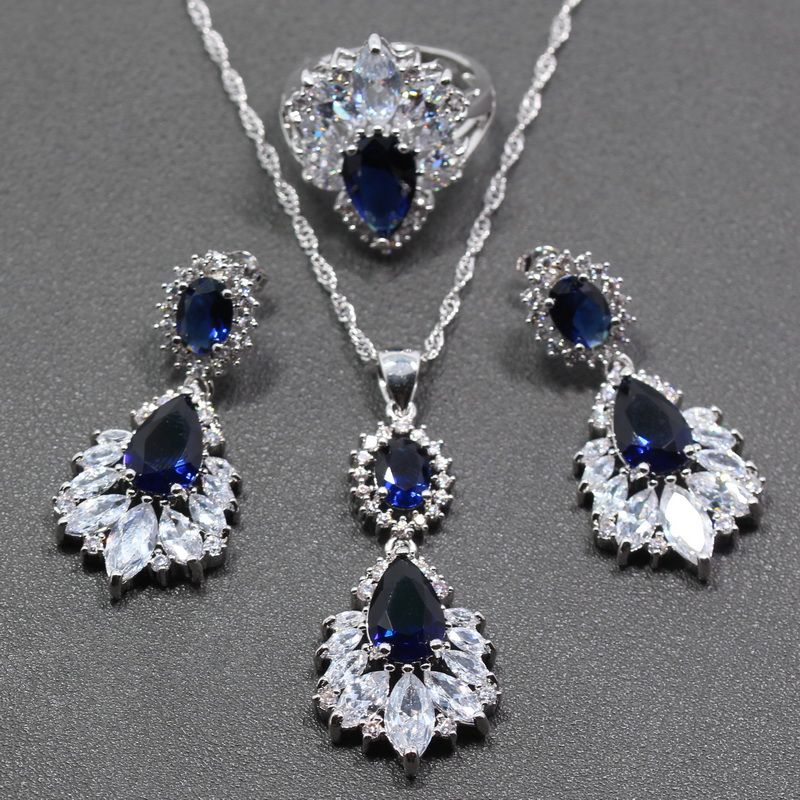 925 Silver Filled Ruby Sapphire Gem Pendant Necklace+Earrings Jewelry Set Gift