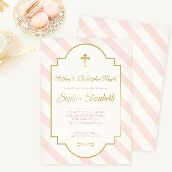 First Communion Invitation Girl Baptism Invitation Stripes