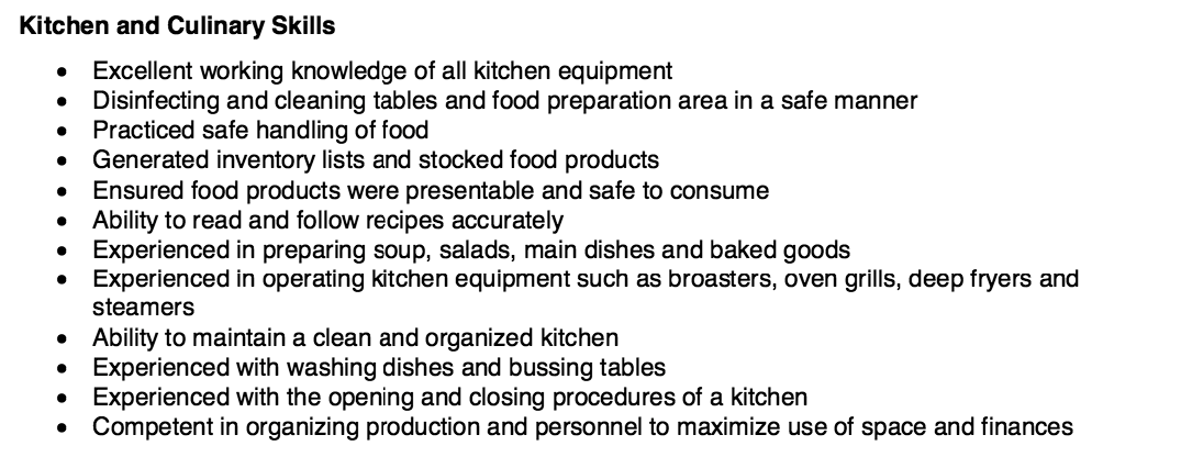 kitchen and culinary resume skills http resumesdesign com