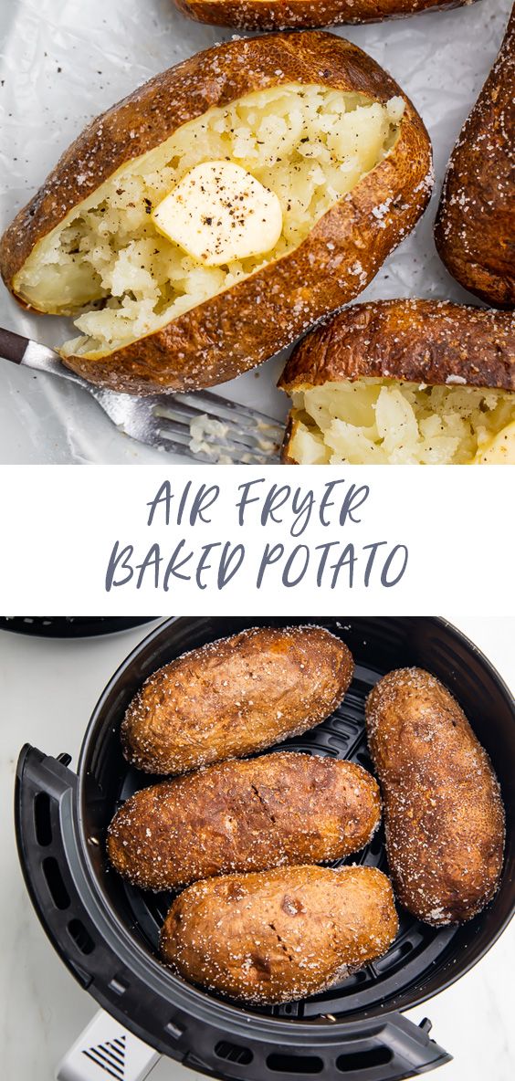 This air fryer baked potato recipe seriously makes the best baked potatoes we've ever tried! The skin is crispy and salty but the flesh is light and fluffy. Plus, they're really quick and easy to make. We'll never make baked potatoes any other way than in the air fryer! #airfried #airfryer #potato #easy #loadedpotato Air Fyer Recipes, Air Fryer Oven Recipes, Air Fryer Dinner Recipes, Easy Dinner Recipies, Quick Recipies, Dinner Receipes, Baked Dinner Recipes, Dairy Recipes, Milk Recipes