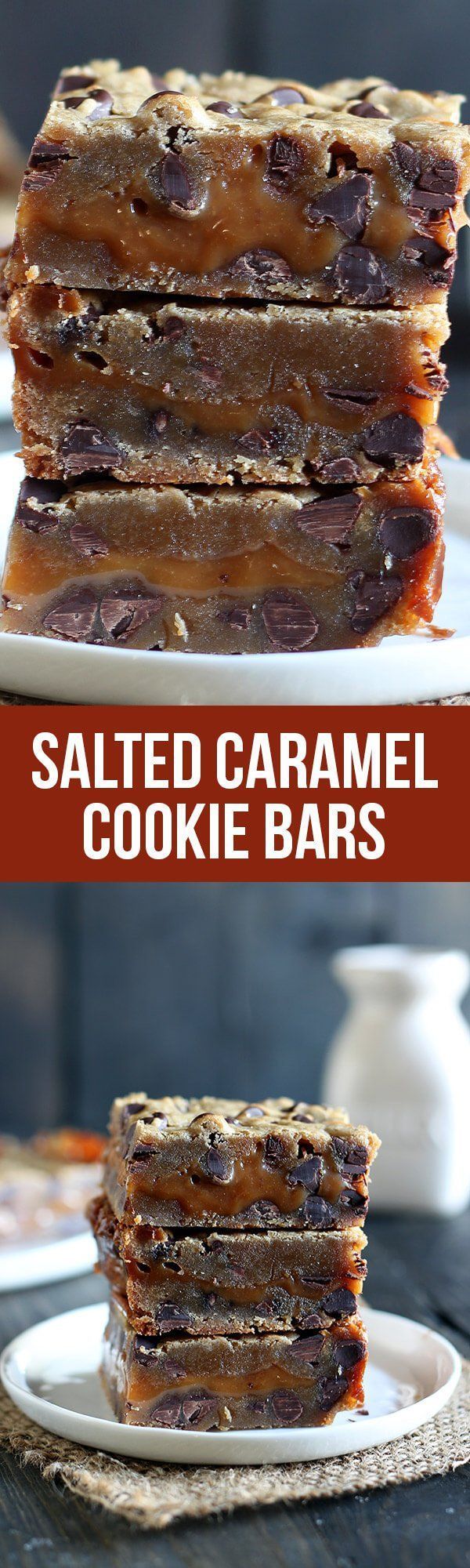 Salted Caramel Cookie Bars feature two layers of chocolate chip cookie sandwiching a thick layer of easy salted caramel for the perfect salty sweet treat. Bars Recipes, Baking Recipes, Cookie Recipes, Eat Dessert, Dessert Bars, Decadent Desserts, Just Desserts, Salted Caramel Cookie Bars, Cake
