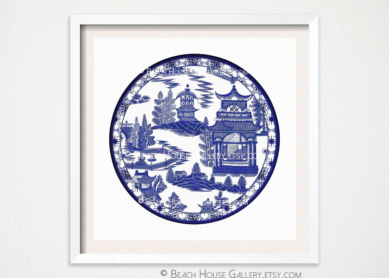 chinoiserie plate art print asian plate wall art blue and white