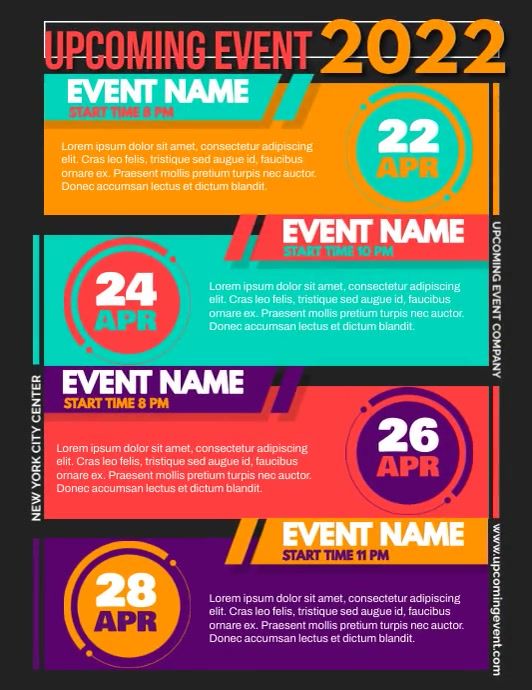 Customize this design with your video, photos and text. Easy to use online tools with thousands of stock photos, clipart and effects. Free downloads, great for printing and sharing online. Flyer (US Letter). Tags: event announcement flyer, upcoming event calendar, upcoming event digital display, upcoming event schedule flyer, upcoming schedule, Event Flyers, Corporate , Upcoming Events Event Schedule, Schedule Design, Flyer Layout, Event Flyer Templates, Event Flyers, Event Company, Free Event, Share Online