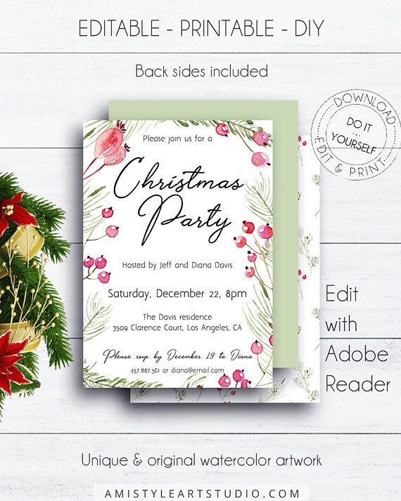 Small Business Christmas Party Ideas Part - 43: Christmas Party Invitation, With Romantic Watercolor Christmas Berries And Branches.This Adorable Printable Invitation Listing Is For An Instant Dou2026