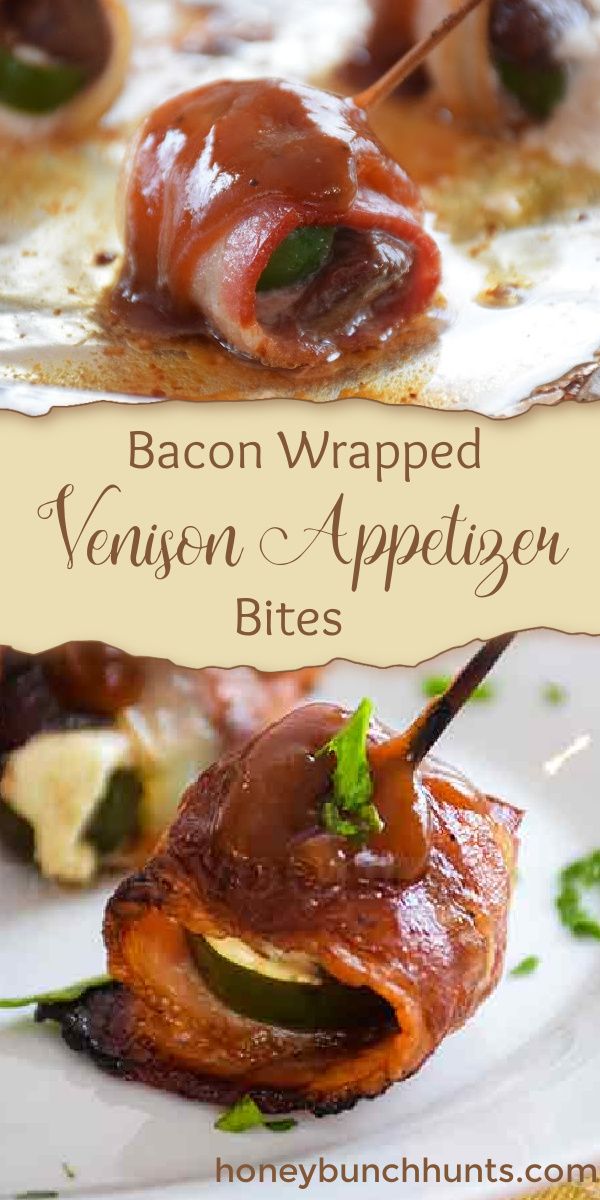 Tender pieces of venison tenderloin with cream cheese and lalapeno pepper are a delicious venison appetizer wrapped with bacon and topped with barbecue sauce before baking in the oven. #venison #tenderloin #appetizer #recipe #bacon #HHrecipes Appetizer Wraps, Vegan Appetizers, Appetizer Snacks, Venison Tenderloin, Venison Steak, Homemade Recipes, Yummy Recipes, Game Recipes, Homemade Food