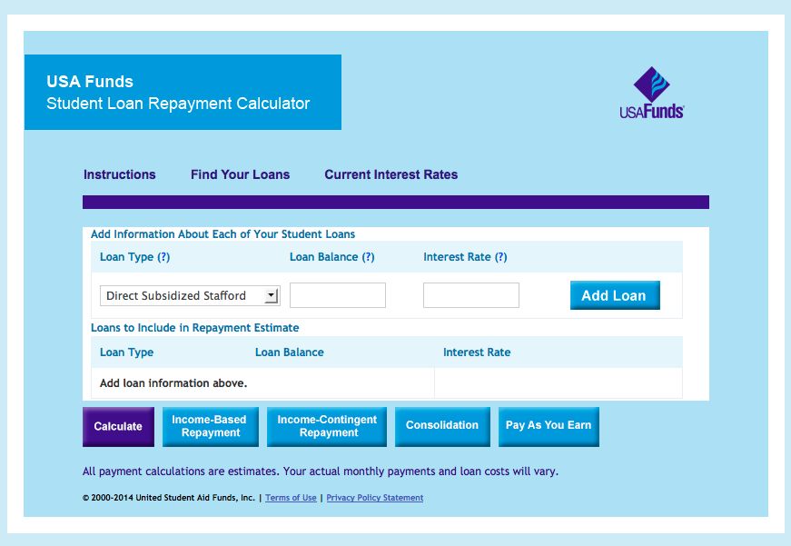 the usa funds student loan repayment calculator provides estimated unsubsidized loan payment calculator