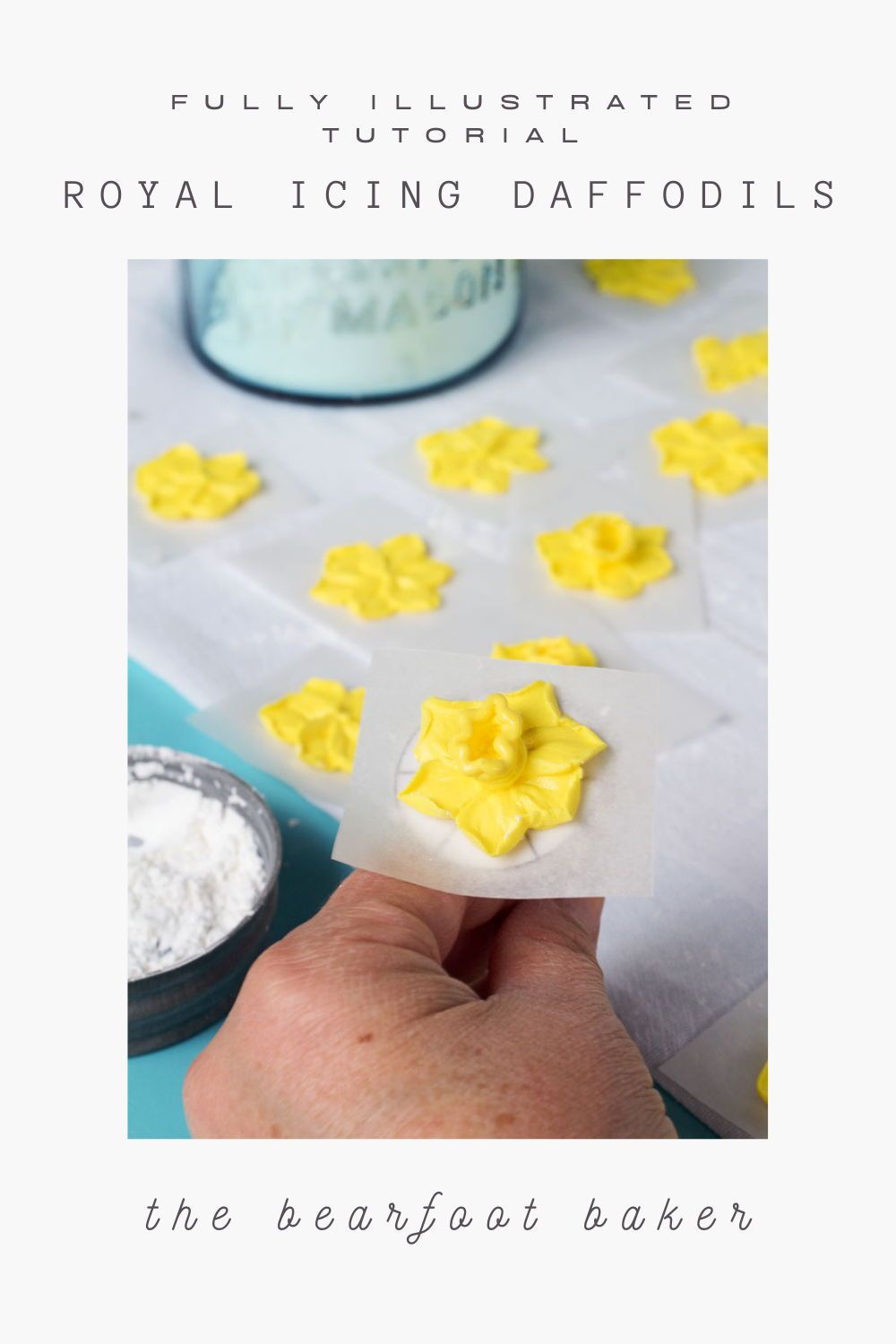 Daffodils are the cheery messengers of spring - and they make any cookie or cake cheery too! Follow this tutorial to make perfect little royal icing daffodils for your spring desserts! #royalicingtutorial #springdessert #bearfootbaker Royal Icing Cakes, Royal Icing Flowers, Flower Sugar Cookies, Sugar Cookies Decorated, Royal Icing Transfers, Royal Icing Decorations, Spring Desserts, Baking Tips, Frostings