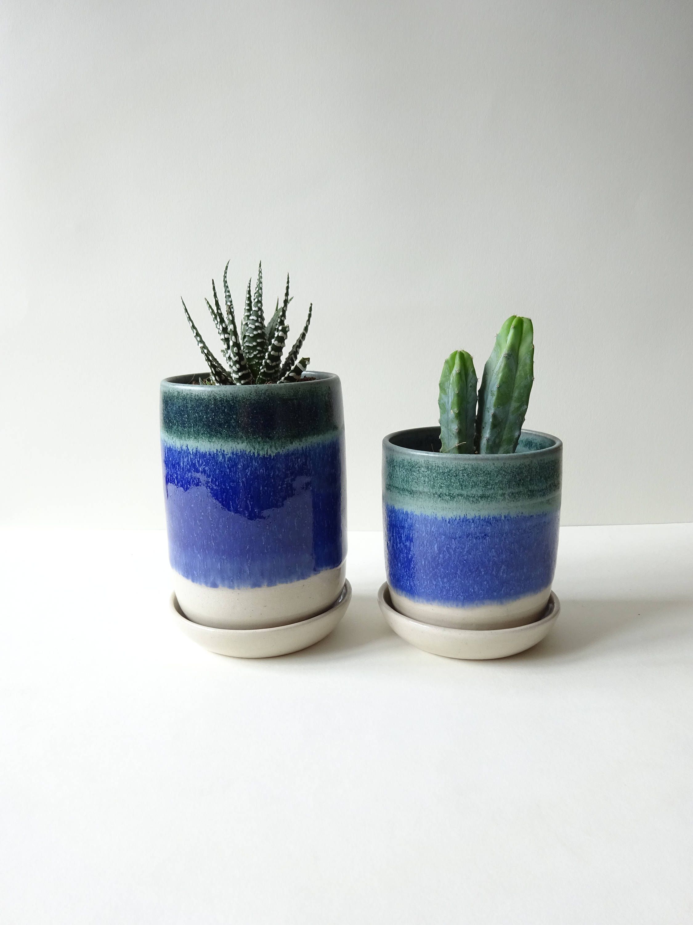 Set 2 Plant Pots With Drainage Hole And Tray Saucer Blue White Set 2 Plant Pots With Drainage Hole And Tray Saucer Blue White Vase Handmade Ceramic Succulent Cacti Small Plants
