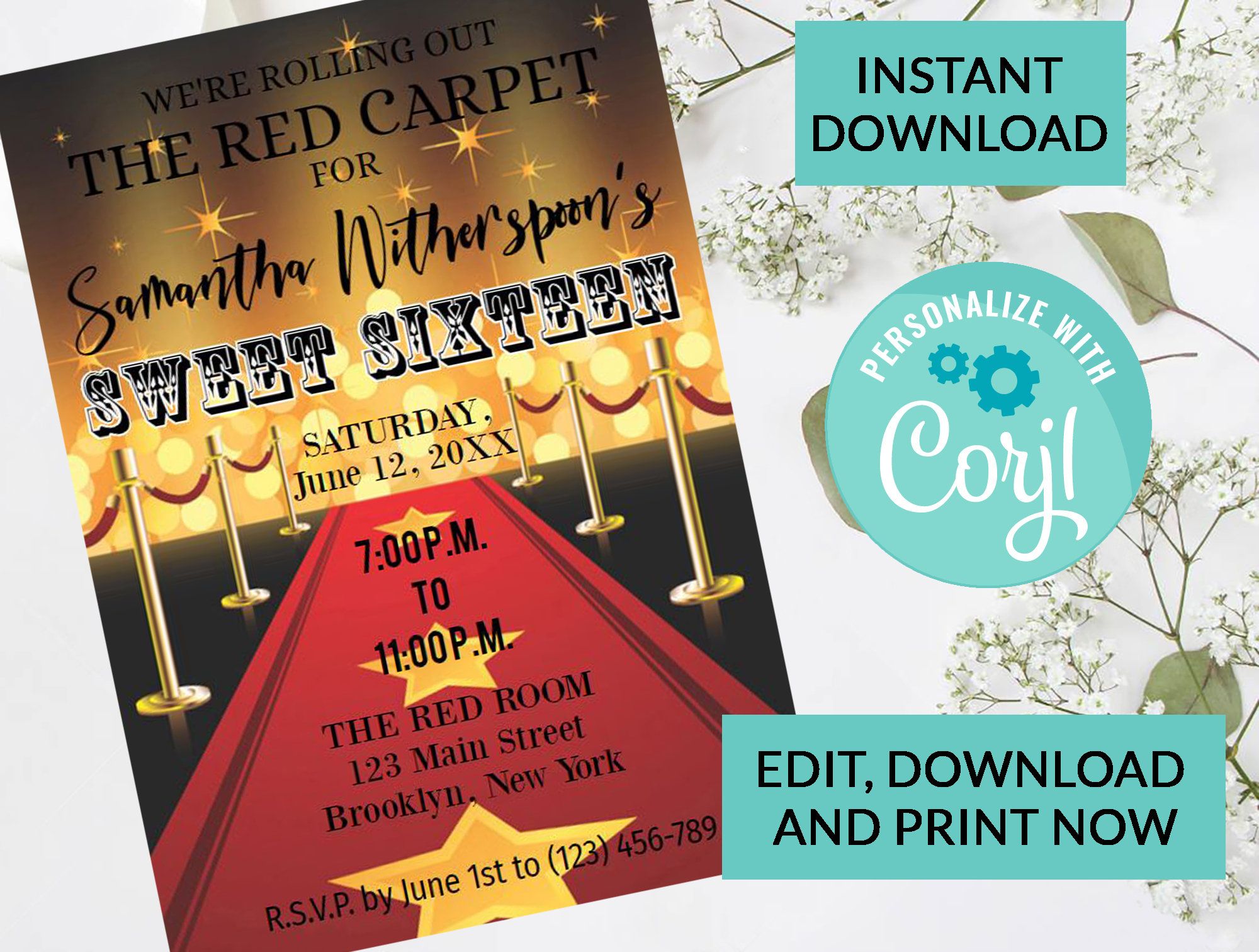 Red Carpet Themes Sweet 16 Invitation Sweet 16 Invitation #26| Digital INSTANT DOWNLOAD Editable Invite | Sweet Sixteen Birthday | Hollywood by PurplePaperGraphics on Etsy