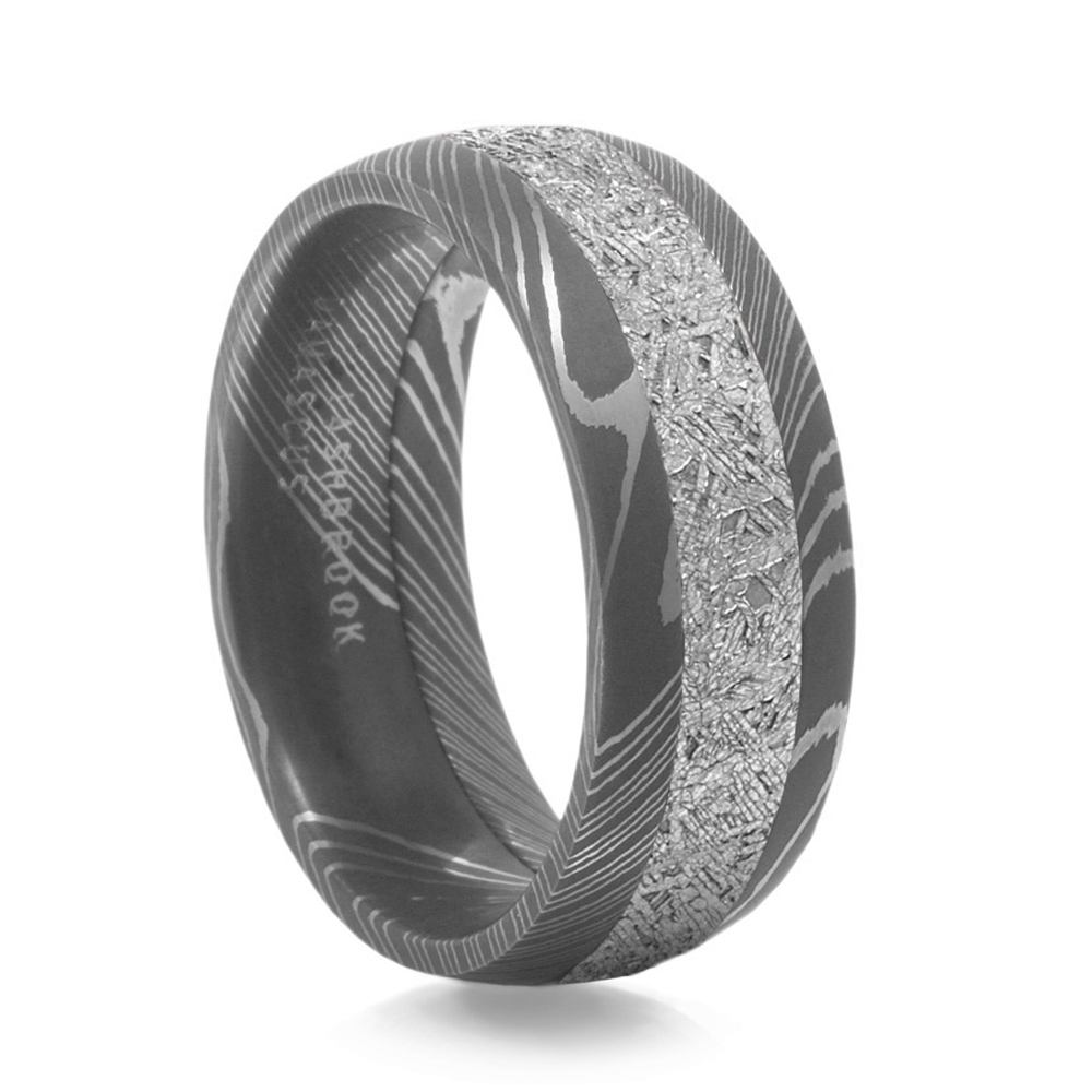 Damascus Steel and Meteorite Mens wedding band by