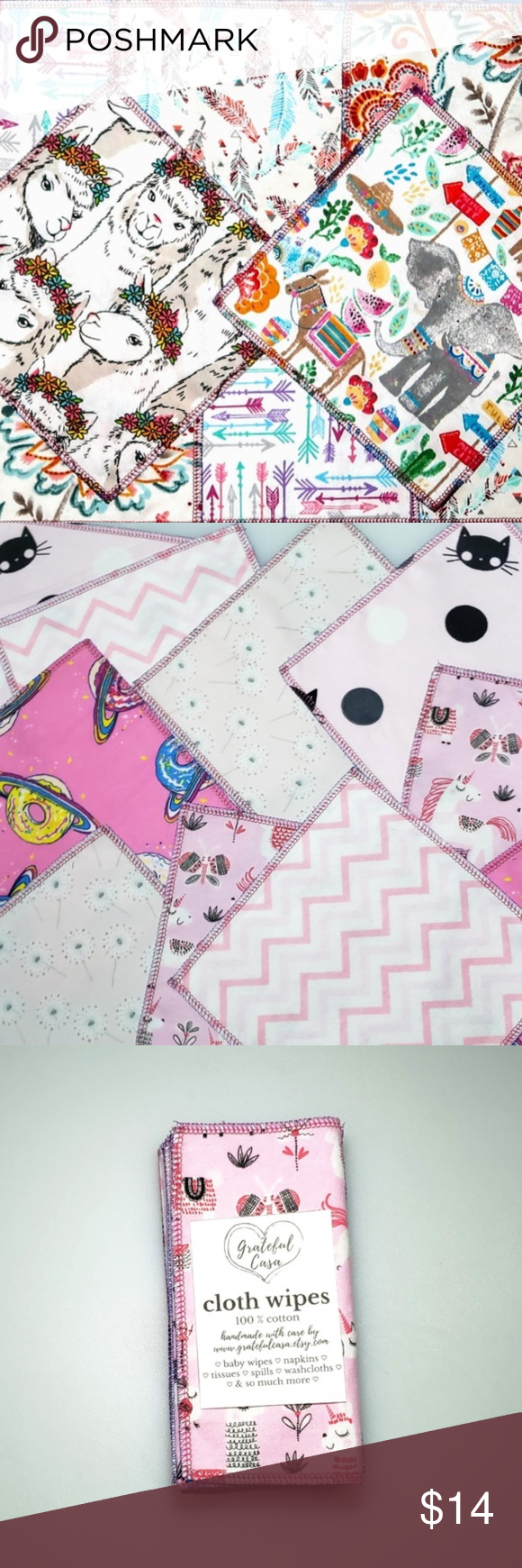 10 reusable CLOTH WIPES in Summer Pinks 10 reusable CLOTH WIPES in mixed pinks Each wipe is 1 ply and can be used as reusable baby wipes with water or a diaper solution, face wipes, napkin, washcloths, unpaper, toilet paper, etc. Each wipe is approximately 7