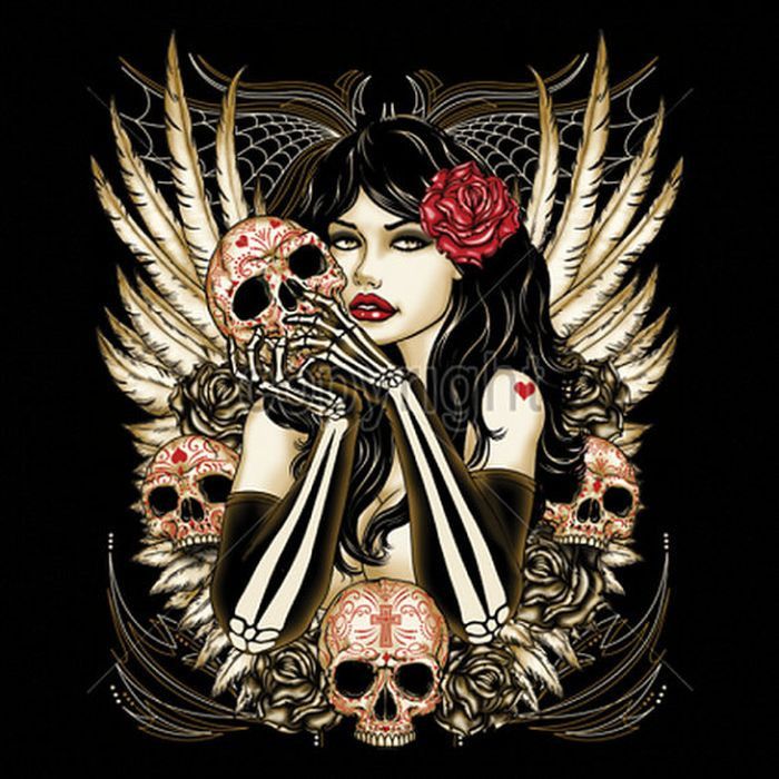 Gold Rhinestuds Day of the Dead Sugar Skull Womans SHORT SLEEVE T Shirt 15490