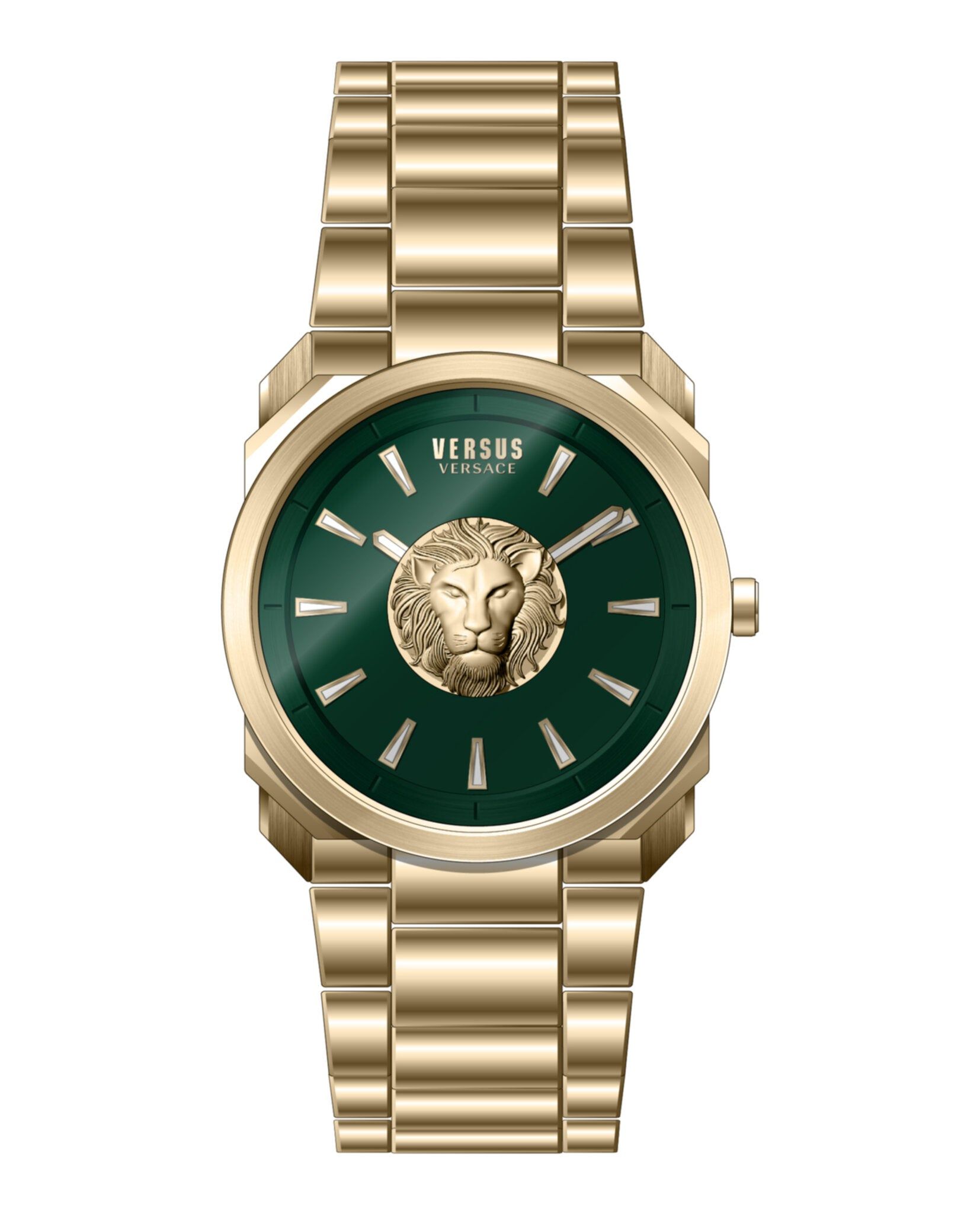 DETAILS Versus 902 is a trendy and elegant timepiece collection that perfectly represents the Versus Versace soul. The protagonist of this collection is the Versus Versace lion head positioned in the center of the enamel dial. The watch is featured in a fashionable bracelet. 40mm IP Yellow Gold Case IP Yellow Gold Bracelet Green Enamel Dial 5 ATM Deployant Buckle Quartz Movement 2 year limited warranty Versace Accessories, Mens Accessories, Stylish Watches, Watches For Men, Stainless Steel Link Bracelet, Versus Versace, Black Enamel, Green Enamel, Gold Watch Men