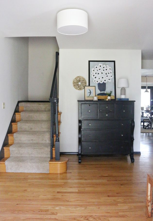 Updating the Entry: painting the doors, trim + staircase - JONES DESIGN CO. Black Staircase, Staircase Design, Wood Stairs, House Stairs, Big Design, House Design, Jones Design Company, Shoji White, Beautiful Modern Homes
