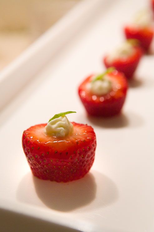 Garnished strawberries make colorful appetizers for spring and summer weddings. | Wedding Desserts | Pinterest | Summer weddings Summer and Reception food