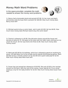 Money Math Word Problems Worksheet Education Com Math Word Problems Money Math Math Words