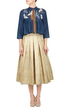 Buy Black Peplum Jacket Online Featuring a blue kedia jacket in light denim with white and blue thread embroidered crane motifs patch work on yolk and back. It has a concealed button placket with thread work and brocade lace detailing in the front by BINA MODI. Shop now at www.carmaonline.com. #carma #carmaonline #peplumjacket #cranemotifs #prints#brocade #lace #denim #cute #ootd #ootn #classy #shopnow #onlineshopping #instashop Denim Care, Black Peplum, Peplum Jacket, Yolk, Western Outfits, Light Denim, Jackets Online, Crane, Lace Detail
