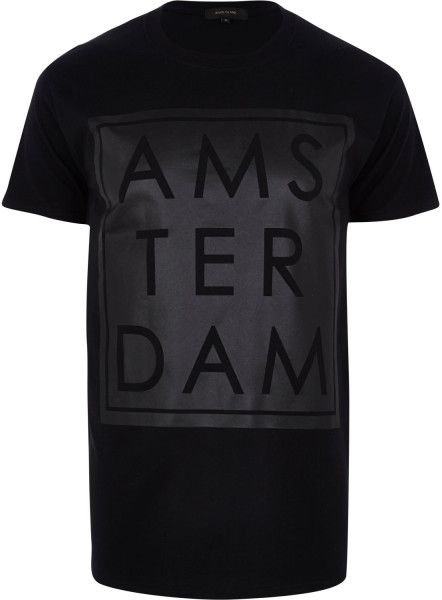 River Island Black Black Amsterdam Matte Front Print Tshirt Mens Street Style Mens Street Style Casual Mens Street Style Winter