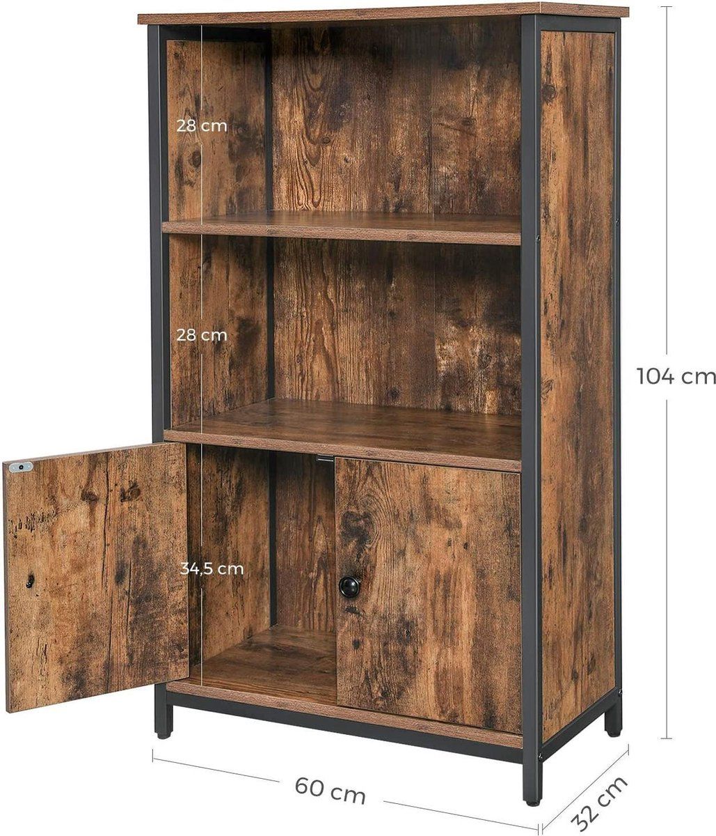 Boekenkast, boekenkast, kantoorrek, keukenkast met 2 open vakken, 1 vak met kastdeuren, multifunctioneel, industrieel design, vintage bruin-zwart LSC65BX Zet je chaos een einde: wordt je woning ondanks hardnekkige opruimingen steeds rommeliger? Waar wacht u nog op? Bestel dit 60 x 32 x 104 cm grote boekenkast met 2 open vakken en een kast met dubbele deur Een hoogtepunt voor verzamelaars: of je nu je stripfiguur of dvd's op dit rek wilt plaatsen, het garandeert altijd een hoge stabiliteit. Op de Kitchen Cupboard Storage, Small Kitchen Cabinets, Small Cupboard, Storage Cabinets, Metal Shelving Units, Open Shelving, Adjustable Shelving, Vintage Bookshelf, Rustic Sideboard