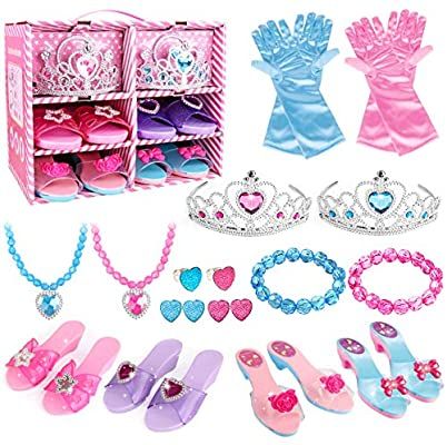 Meland Princess Dress Up Shoes and Jewelry Boutique - 4 Pairs of Play Shoes and Pretend Jewelry Toys Princess Accessories Play Gift Set for Toddlers Little Girls Aged 3,4,5,6 Years Old