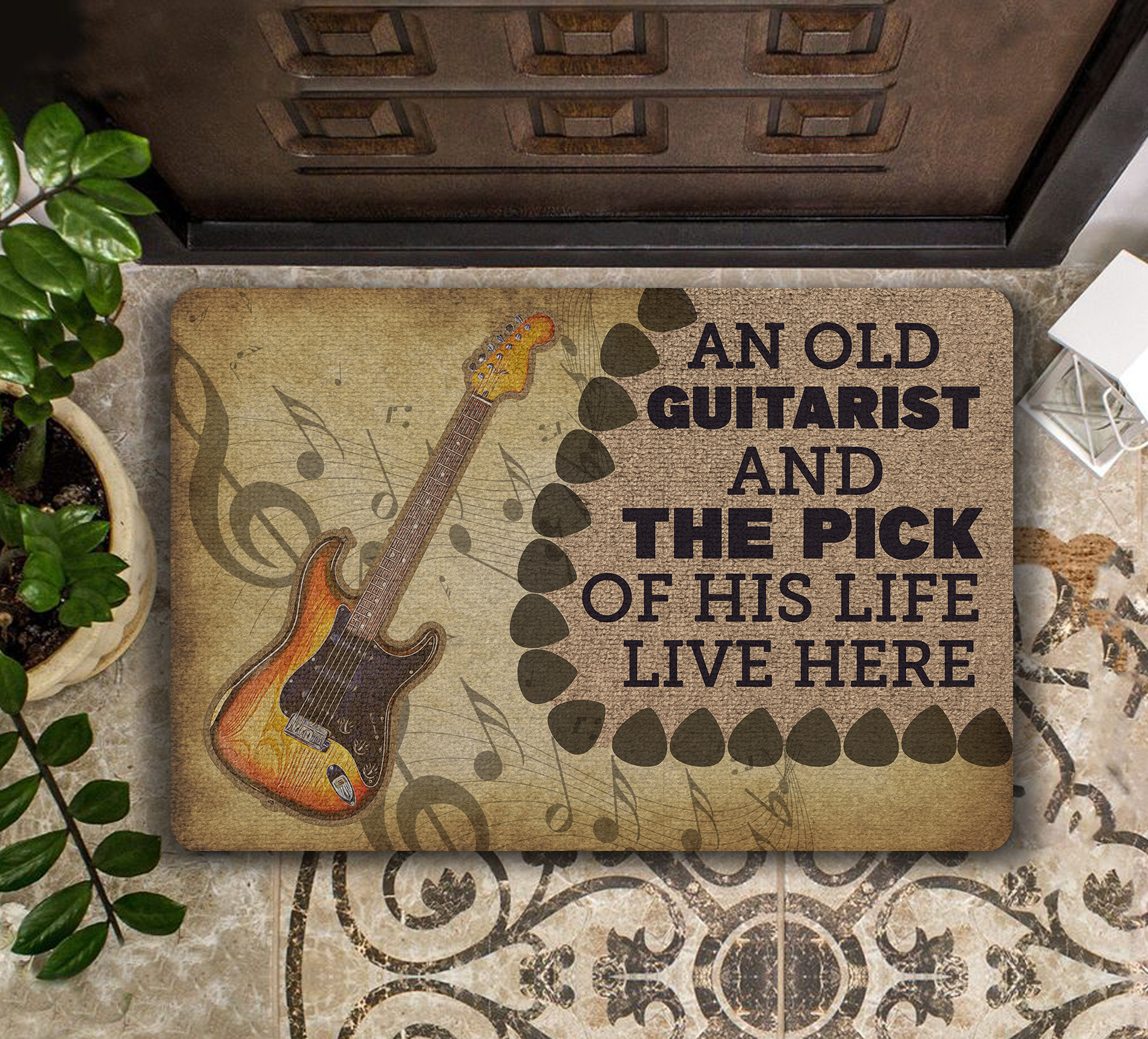 Gift For Guitarist Welcome Doormat Wedding Gift Personalized An Old Guitarist And The Pick Of His Life Lives Here Doormat Music Love Mat