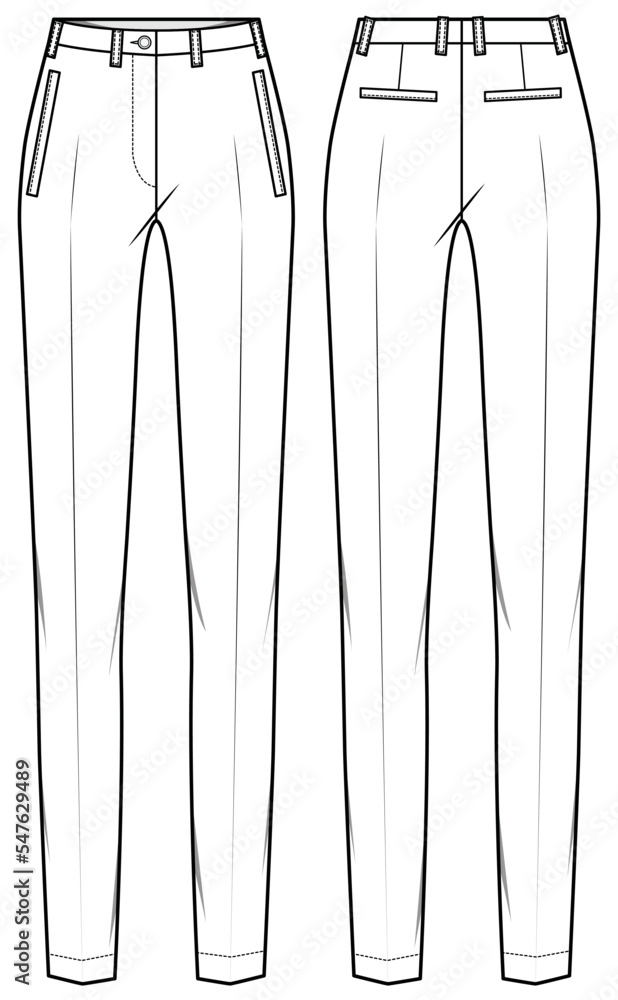 Women's Slim fit formal trouser pants front and back view flat sketch ...