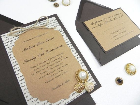 Rustic Victorian Style Book Page 4 Piece Wedding Invitation Suite