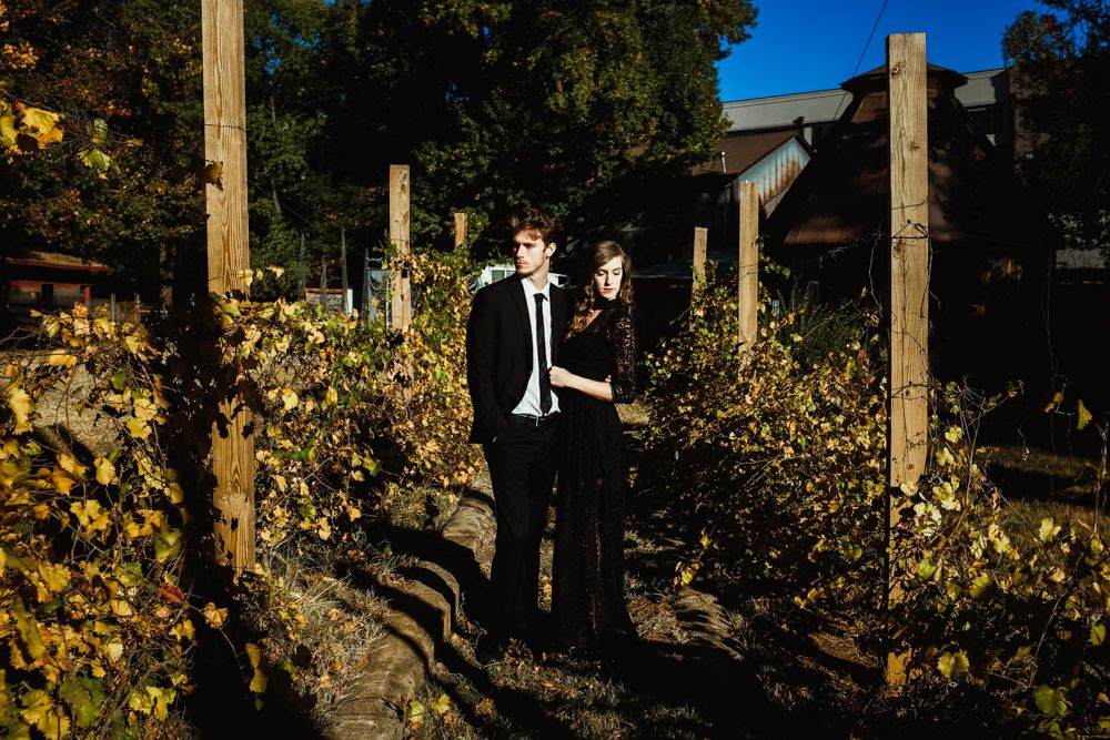 attractive stylish young couple pose in autumn vineyard the goat
