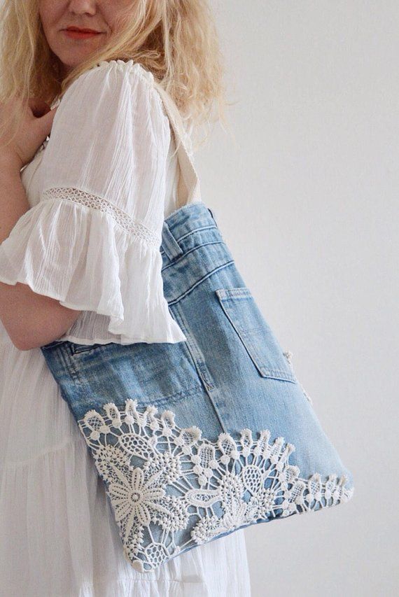 SHABBY Chic denim tote bag with lace detailing // recycled denim - upcycled bag // handbag for women - romantic and feminine fl #greatnames