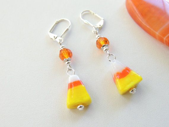 Candy Corn Lampworked Glass Fall Halloween Dangle Earrings
