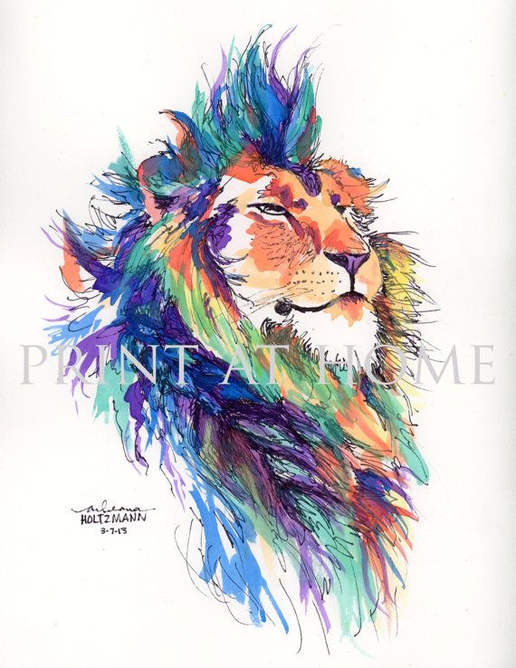 Colorful Watercolor Lion Pride Lion No Longer Available On Etsy But Prints Are Available At Arleana Hol Watercolor Lion Colorful Lion Feather Tattoo Colour