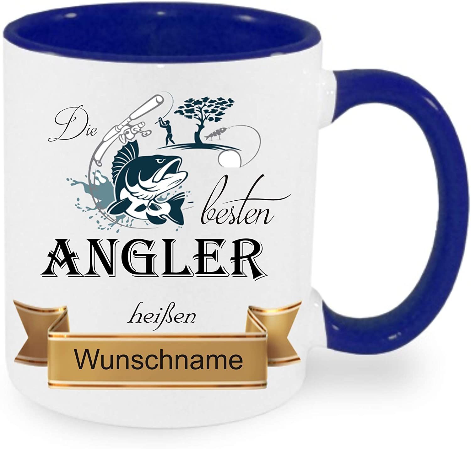 Kaffeetasse mit Motiv Wunschname Crealuxe Emailletasse m Bedruckte Tasse mit Spr/üchen oder Bildern Wunschname Die besten Angler hei/ßen