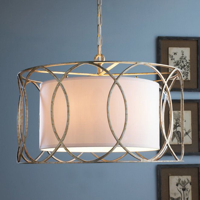 A Linen Drum Shade Floats Inside Hand Worked Wrought Iron Frame Of A Linen Drum Shade Floats Inside Hand Worked Wrought Iron Frame Of Metallic Circles Specify Aged Silver Or Blackened Bronze Finish