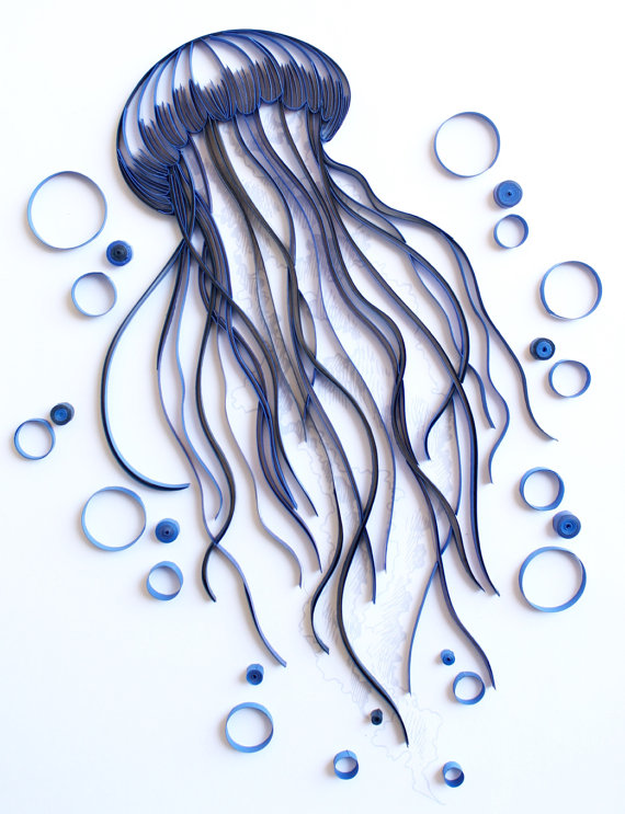 Méduse - Unique papier piquants sticker pour décoration (papier quilling morceau d'art artisanal fait avec amour par un artiste en Californie)