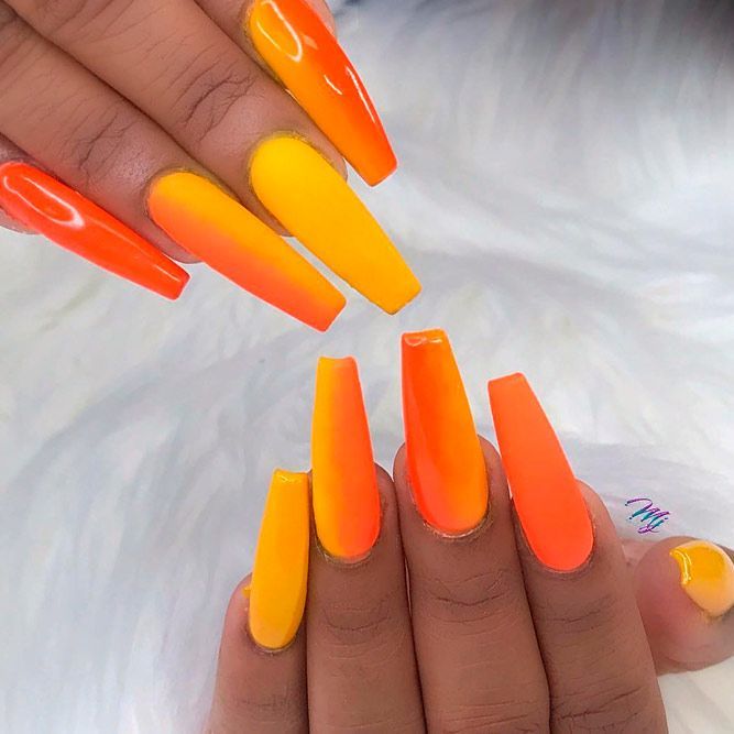 Orange Summer Ombre Nails #peachnails #verticalombrenails ★ Ombre nails create the illusion of change in shades and colors. Such designs are in fashion now, and they look fantastic! We have 45 ideas for you. #glaminati #lifestyle #ombrenailsdesigns Orange Ombre Nails, Orange Acrylic Nails, Bright Summer Acrylic Nails, Peach Nails, Yellow Nails, Pretty Acrylic Nails, Long Acrylic Nails, Pretty Nails, Bright Orange Nails