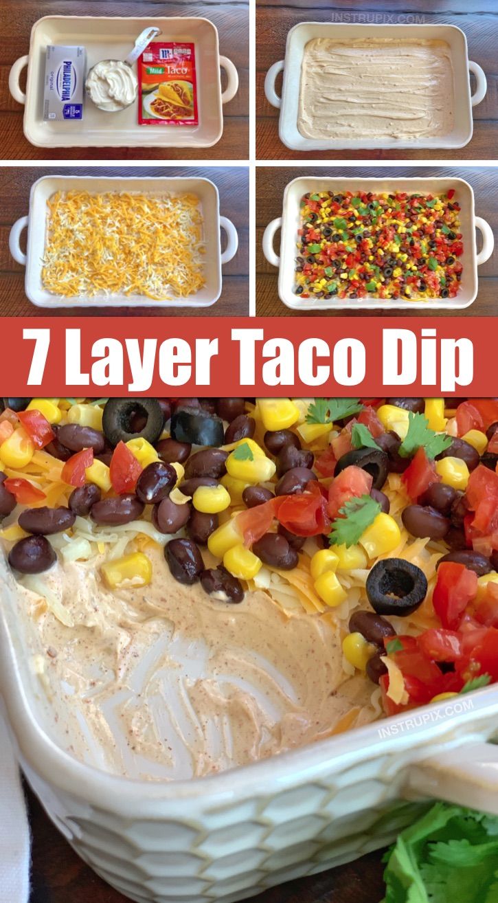 Easy Cold Make-Ahead Party Appetizer: 7 Layer Taco Dip -- The BEST quick and easy appetizer recipe to feed a crowd! It's made with simple ingredients: cream cheese, sour cream and taco seasoning for the base. Customize the toppings to your liking. Serve with tortilla chips. #partydip #7layerdip #instrupix Layered Dip Recipes, Dip Recipes Easy, Quick And Easy Appetizers, Easy Appetizer Recipes, Party Food Appetizers, Yummy Appetizers, Easy Taco Dip Recipe, Quick Easy Dips, Taco Dip Easy